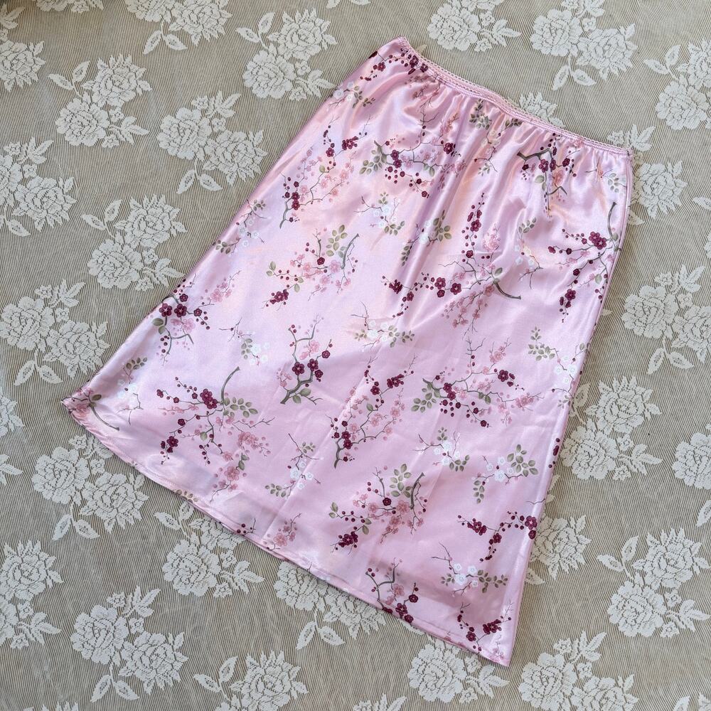 Vintage Cherokee Pink Satin Floral Midi Skirt XS/S